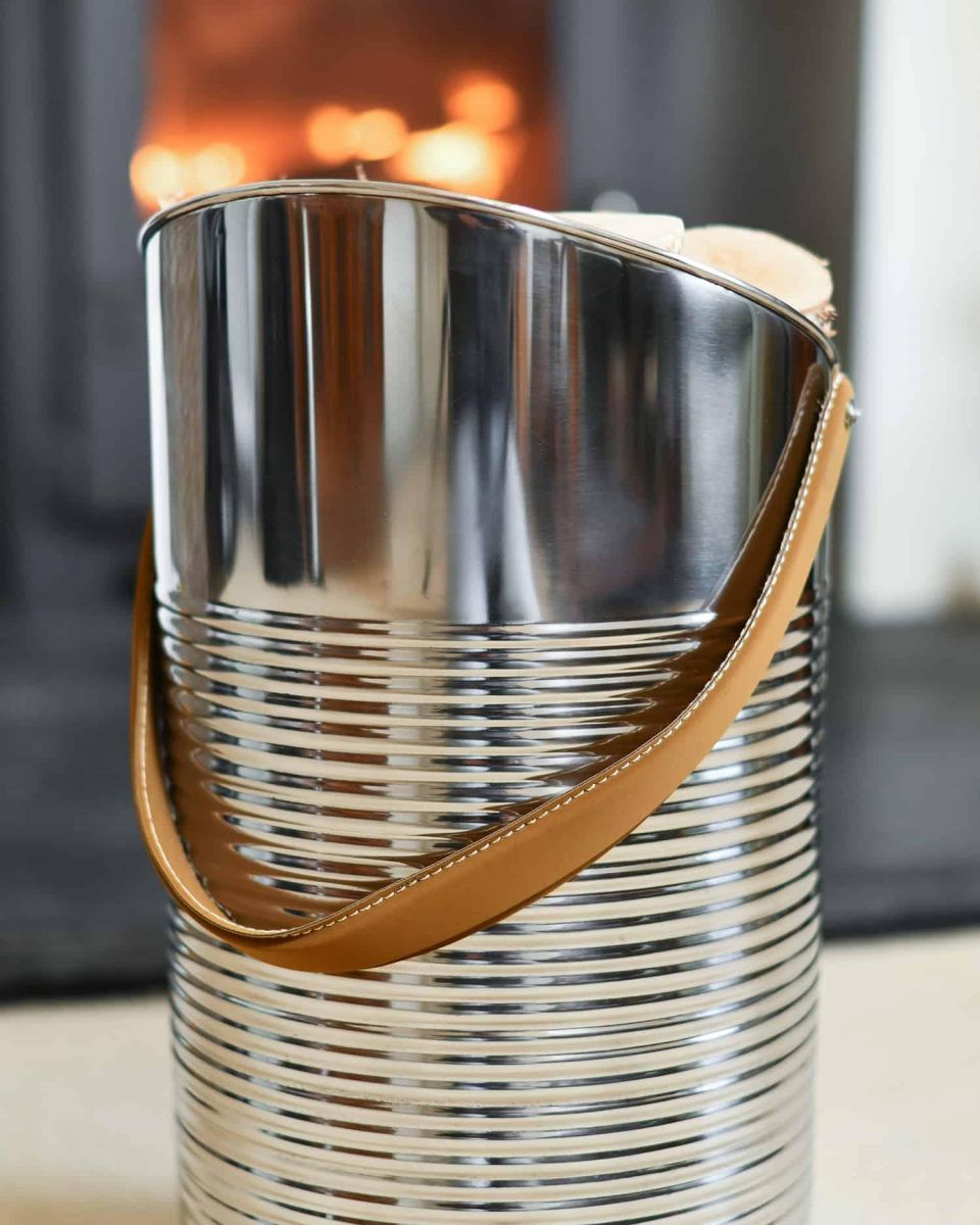 Close-Up of "Mckinley Lodge" Angled Stainless Log and Coal Hod Close-Up of "Mckinley Lodge" Angled Stainless Log and Coal Hod