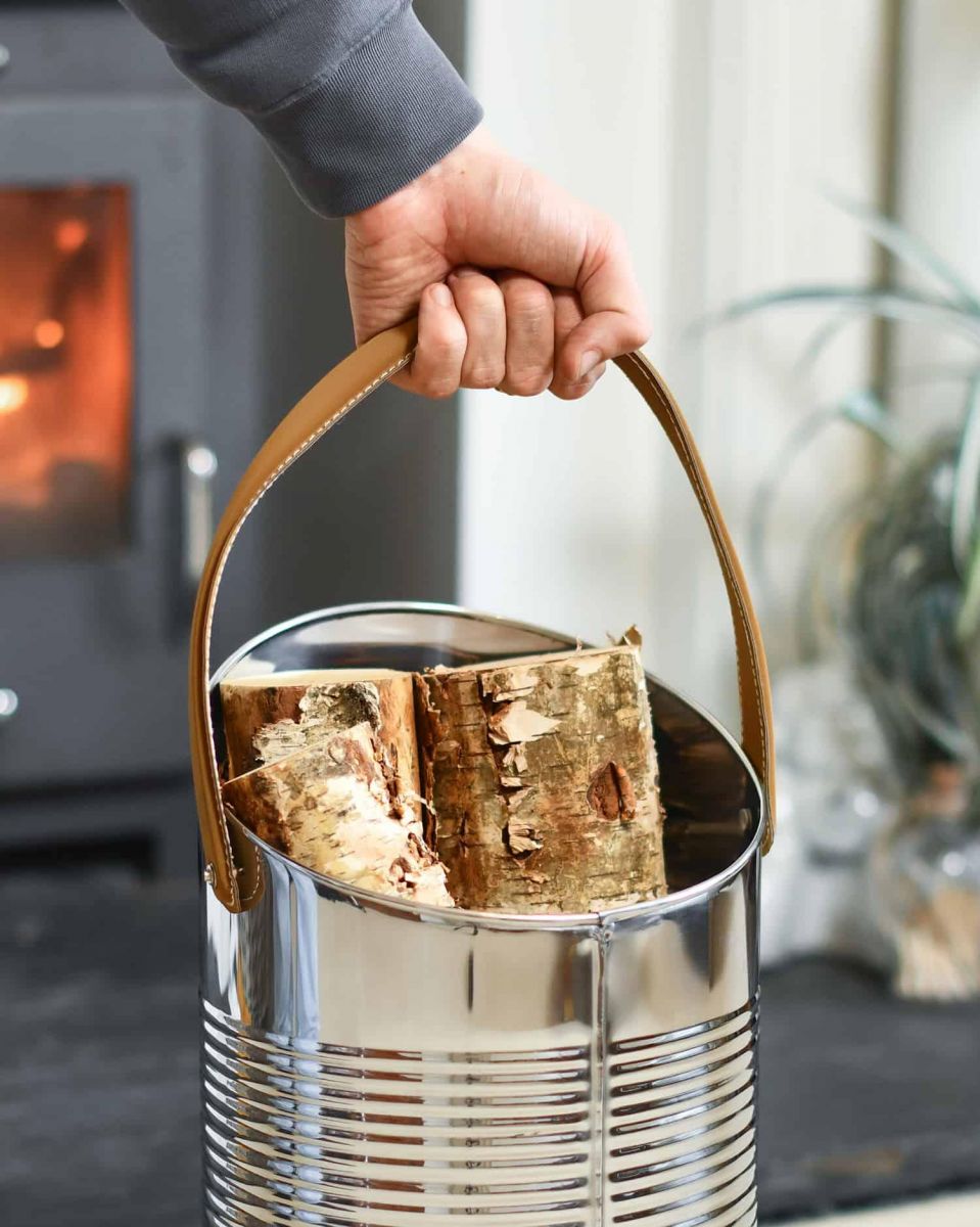 Scale Shot of "Mckinley Lodge" Angled Stainless Log and Coal Hod in Use Scale Shot of "Mckinley Lodge" Angled Stainless Log and Coal Hod in Use