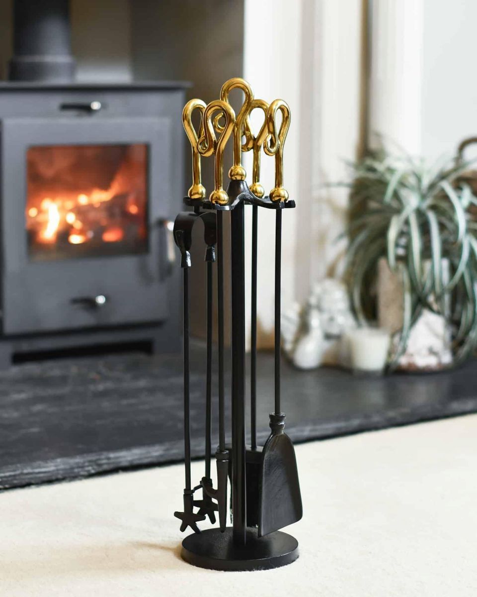 "Mendip" Black & Polished Brass Companion Set 66cm in Situ