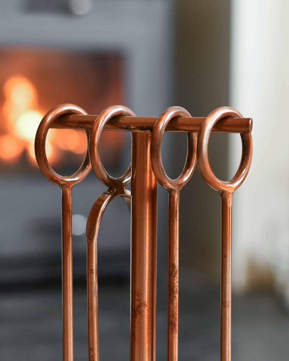 Close-Up of Looped Handle "Middleton" Antique Copper Companion Set 