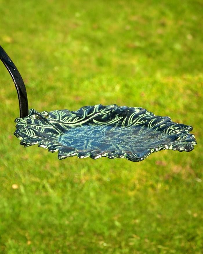 Close-up of the Virdigris Finish on the "New Forest" Leaf Design Bird Bath Feeder