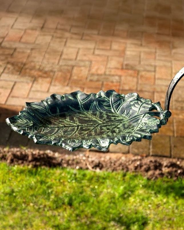 Close-up of the Virdigris "New Forest" Leaf Design Bird Bath Feeder Holding Water