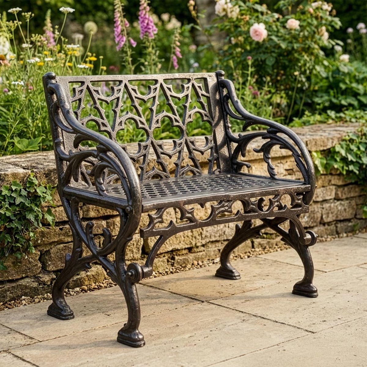 "Quatrefoil" Victorian Cast Iron One Seat Bench Finished in a Black Finish Digital Illustration