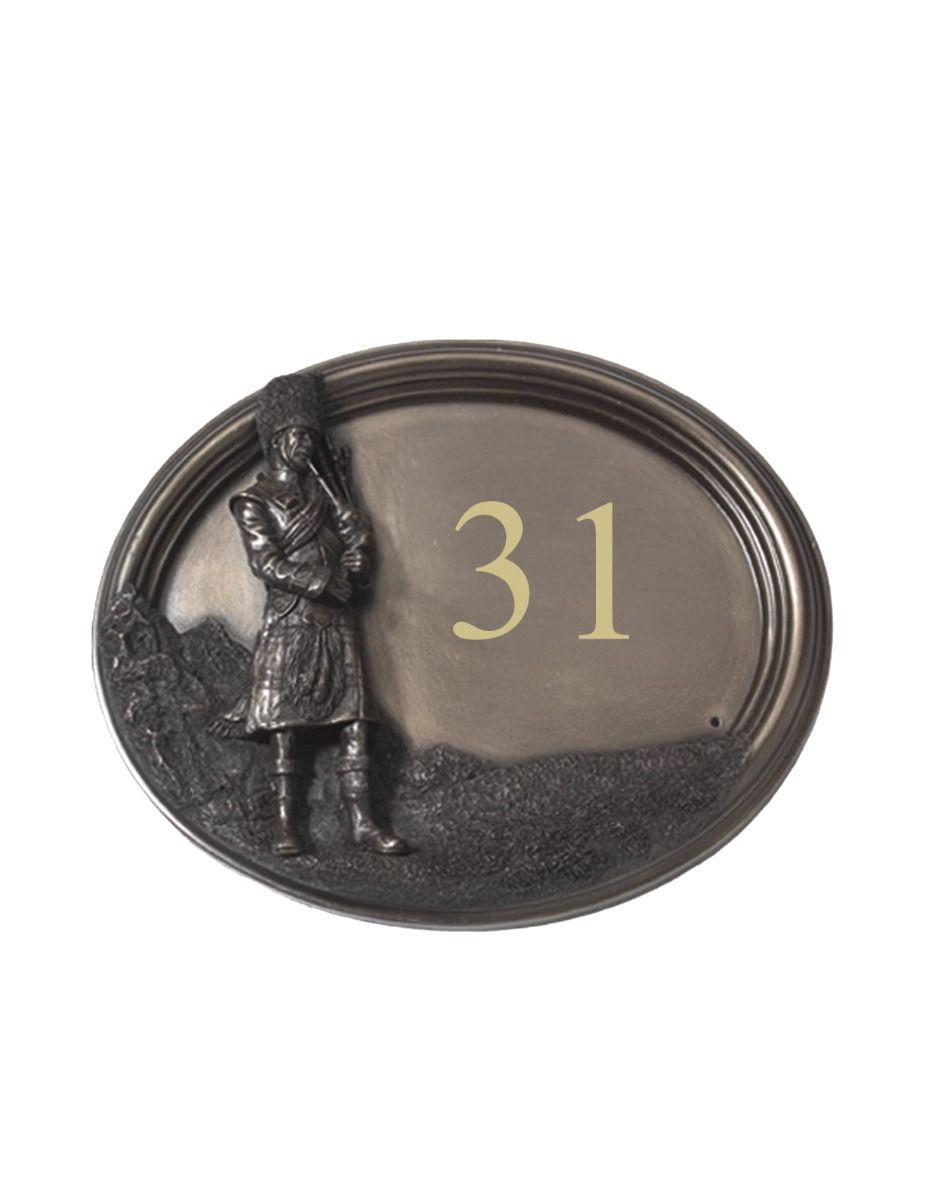 The "Scottish Highlander" Bronze House Sign on a White Background 