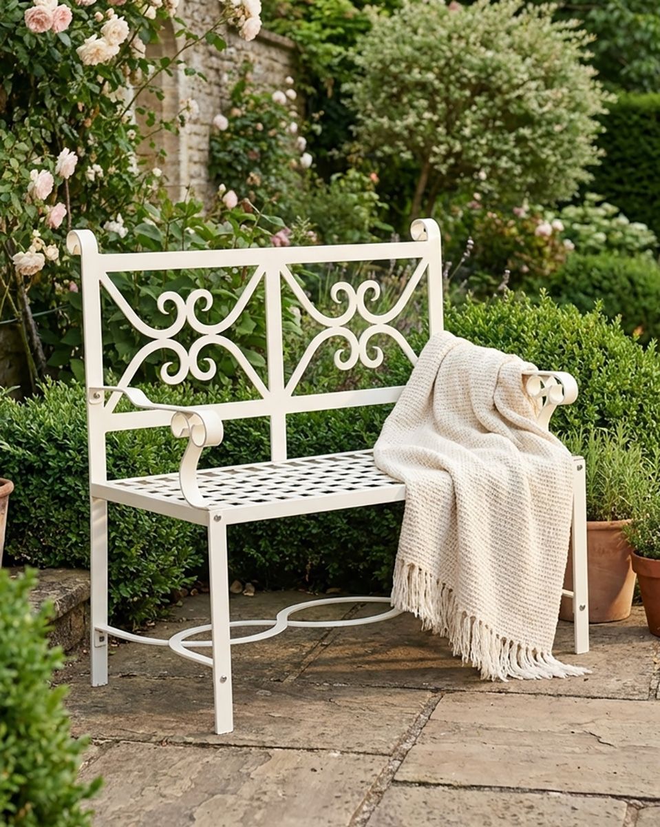 "Sissy Jane" Wrought Iron Cream Garden Bench ai illustration