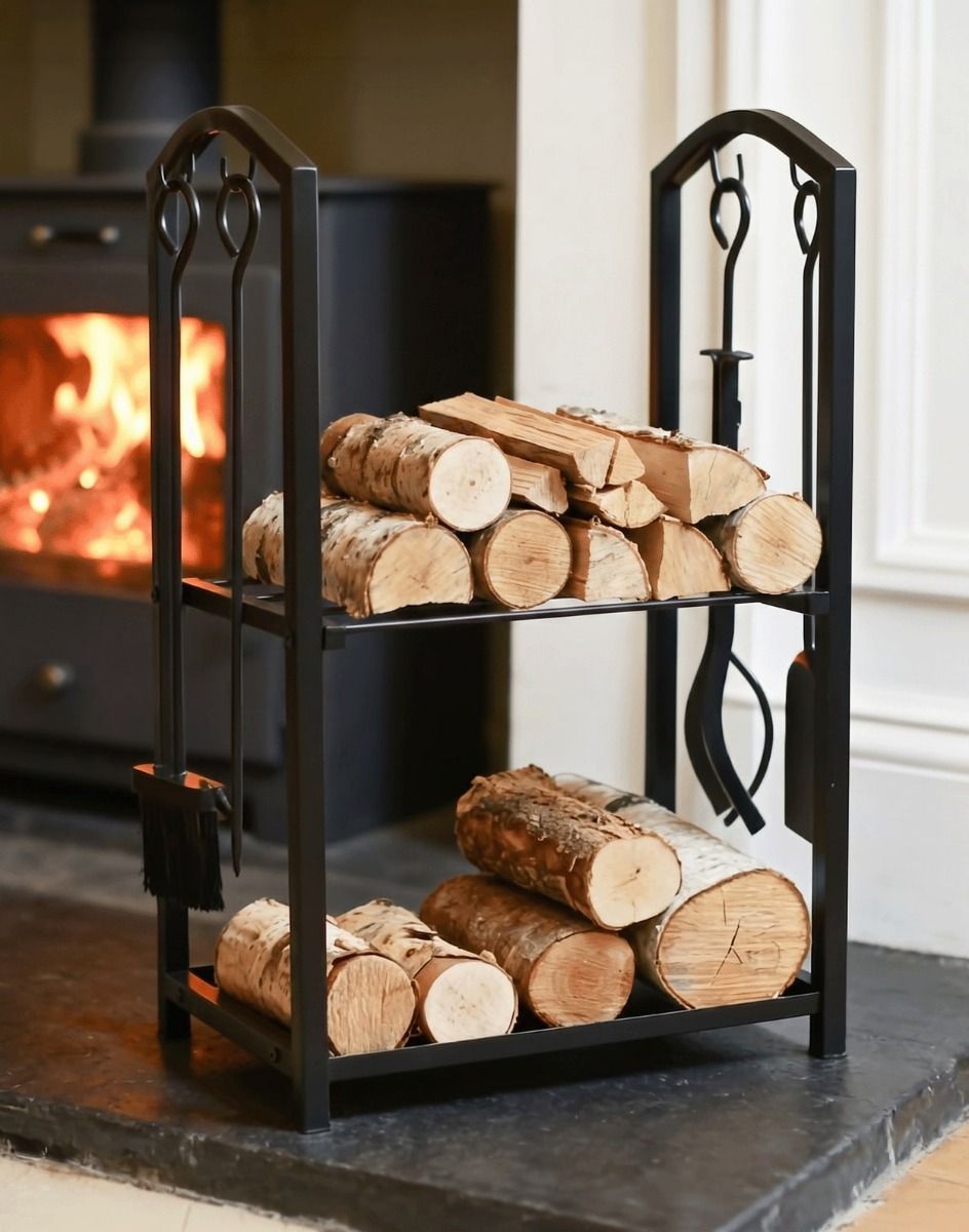 "The Arcus" Complete Fireside Companion Supporting Logs and a Companion Set Tools next to a Log Burner Stove - Digital Illustration 