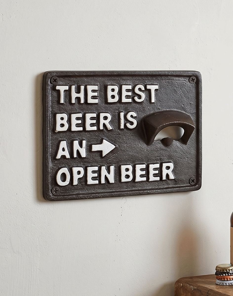 "The Best Beer Is An Open Beer" Cast Iron Bottle Opener Mounted on a White Wall in a Modern Home Interior - Digital Illustration