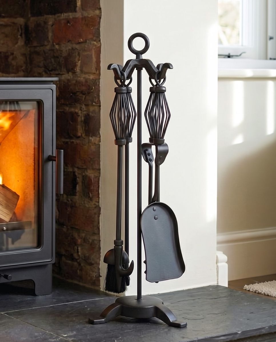"The Dinnington" Black Companion Set In A Fireplace Setting Digital illustration