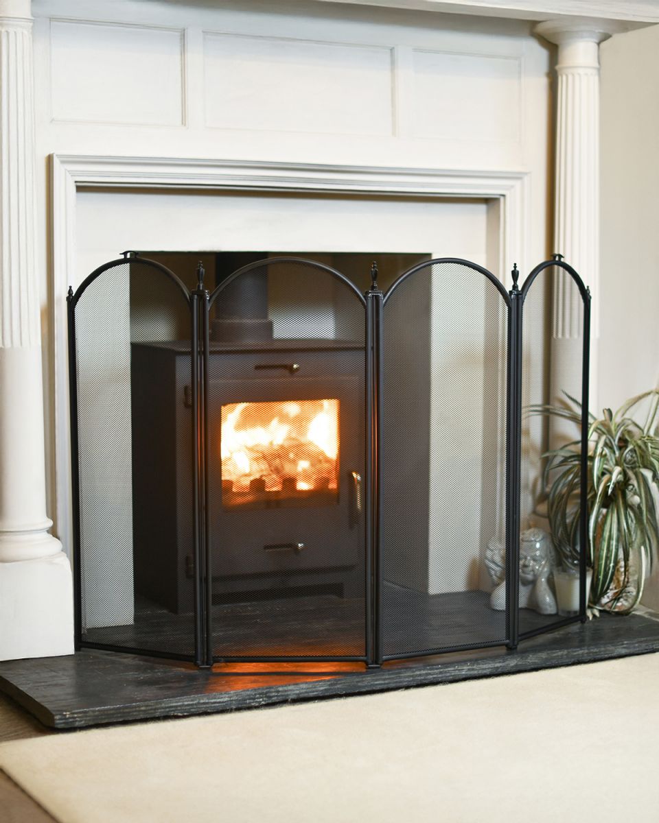 "The Gillingham" Extra Large Black Four Fold Fire Guard in Situ in the Home