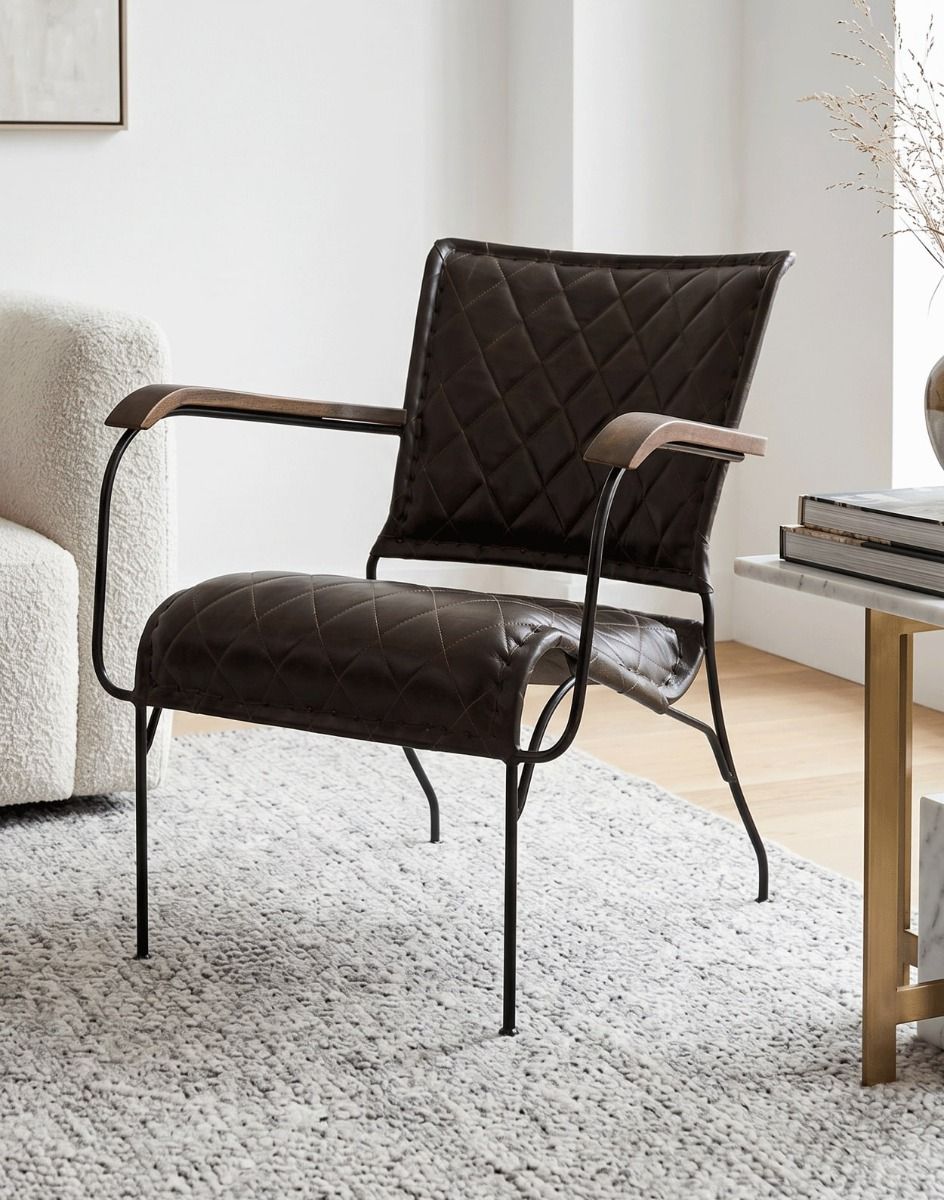 "The Harlington" Iron, Mango Wood & Leather Chair in a White Coloured Modern Living Room Interior - Digital Illustration 