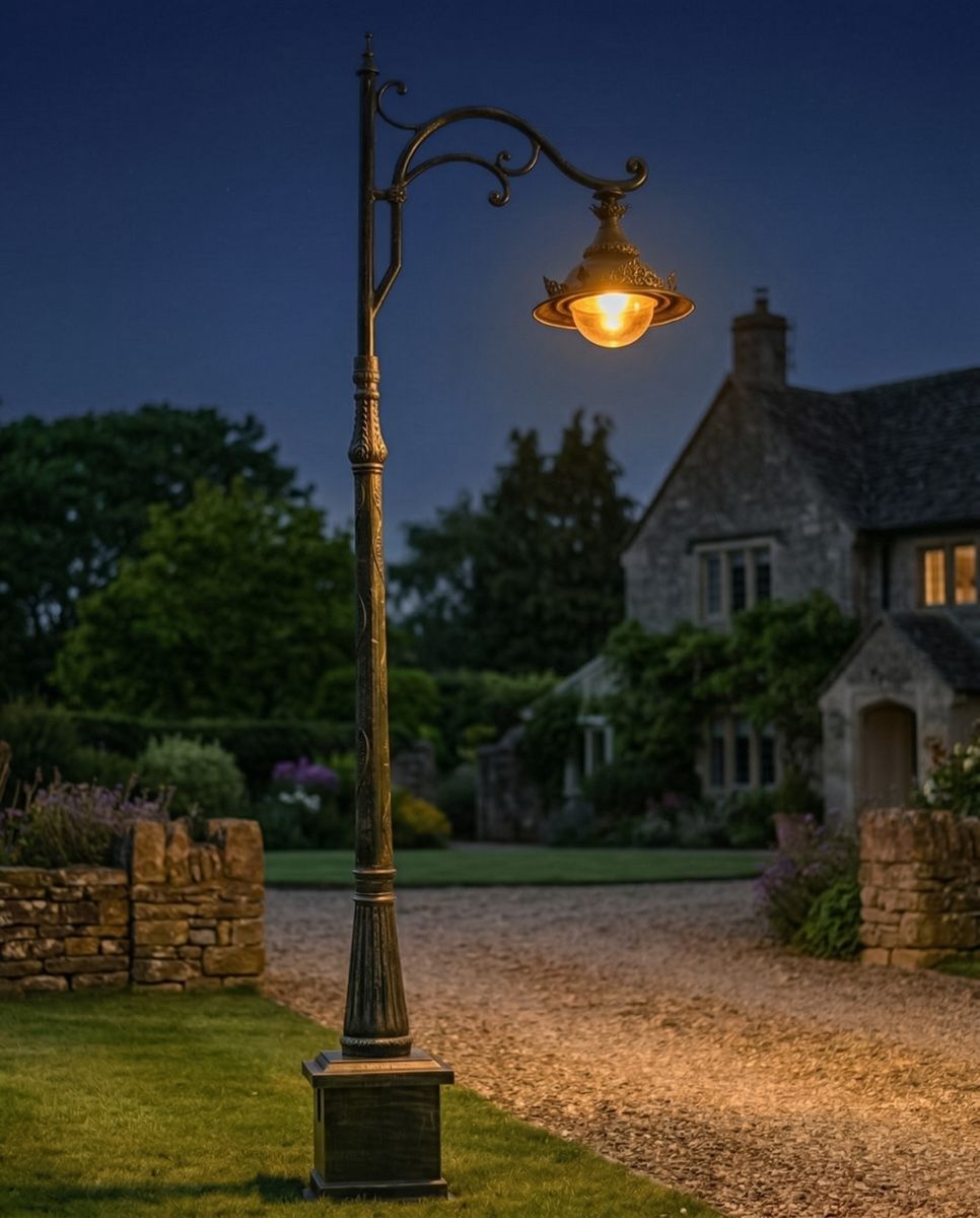 "The Ivy" Antique Pale Green Ornate Gothic Cast Iron Lamp Post 2.5m digital illustration at night