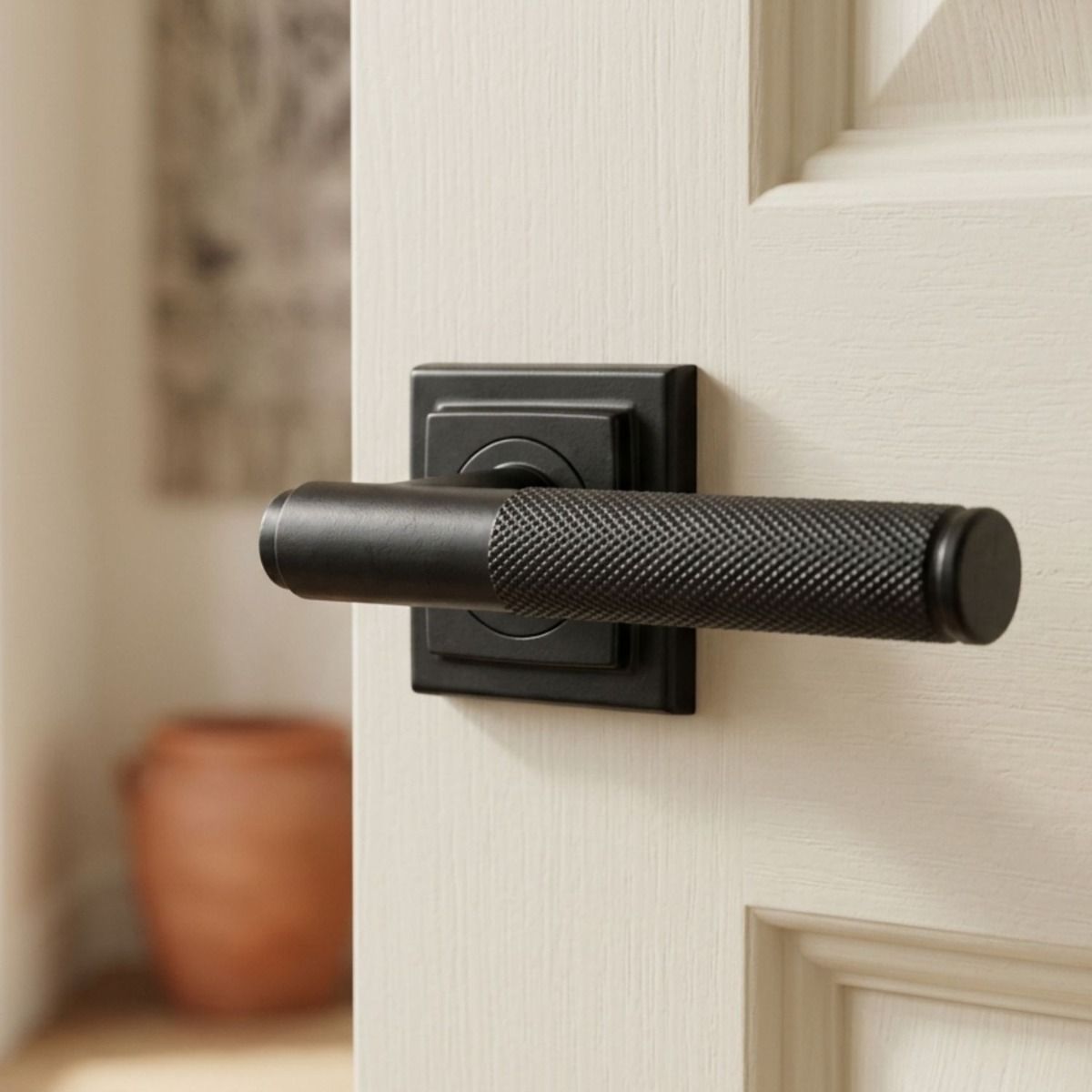 "The Lincoln" Sleek Black Textured Unsprung Lever Door Handle on Square Rose on a White Door in a Country Home - Digital Illustration 