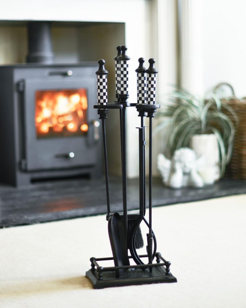 "The Ludos" Checkered White & Black Companion Set in Front of a Modern Fireplace  - Digital Illustration