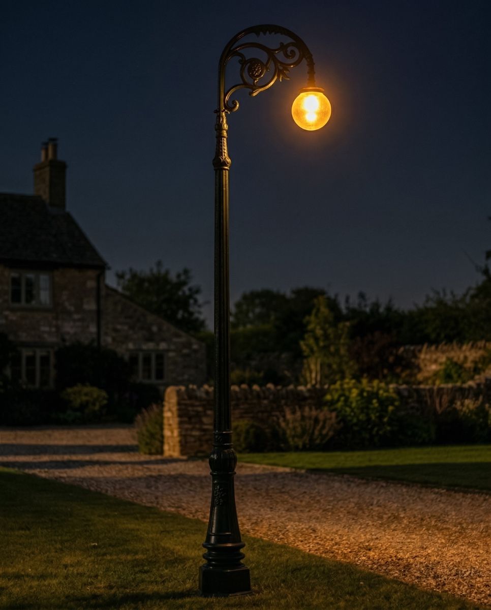 "The Ophelia" Deluxe Verdigris Green Ornate Cast Iron Globe Lamp Post 3m digital illustration at night