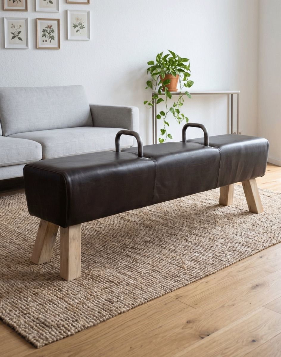 "The Stratford" Iron, Mango Wood & Brown Leather Gym Bench in a Well Lit White Living Room - Digital Illustration