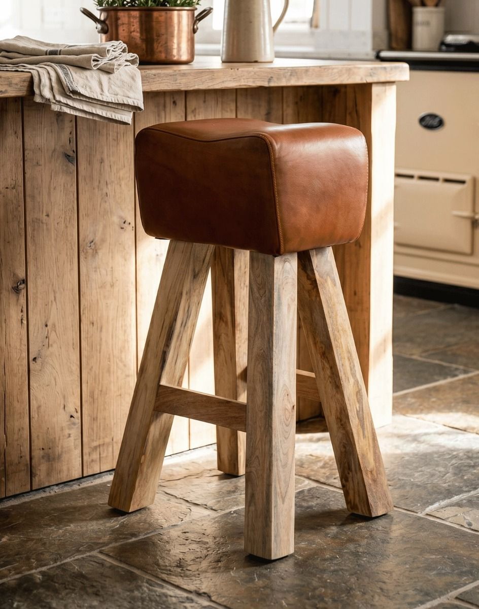 "The Walton" Mango Wood & Tan Leather Counter Stool on a Stone Tiled Kitchen Floor next to a Breakfast Bar - Digital Illustration