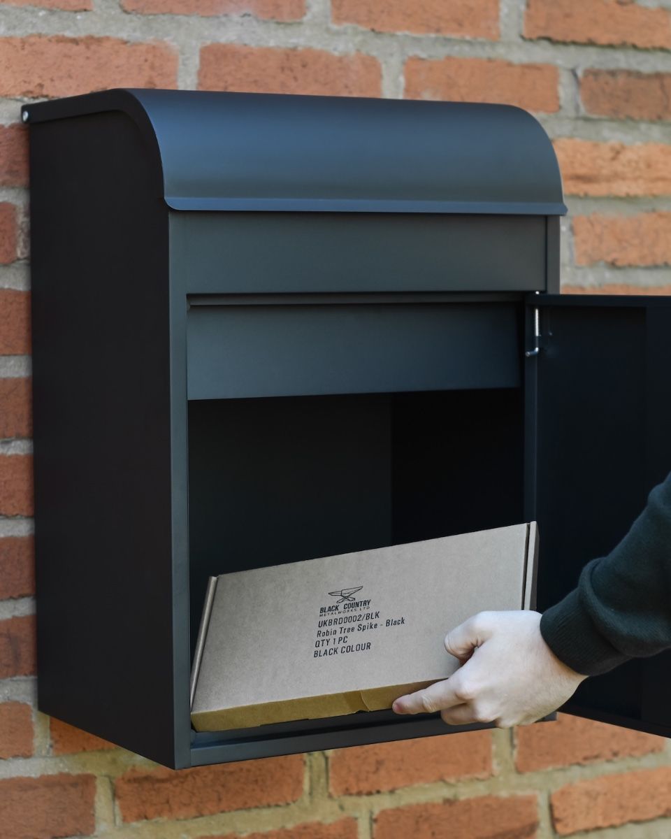 "Titan" Medium Wall Mounted Parcel box in Black Steel front access and parcel