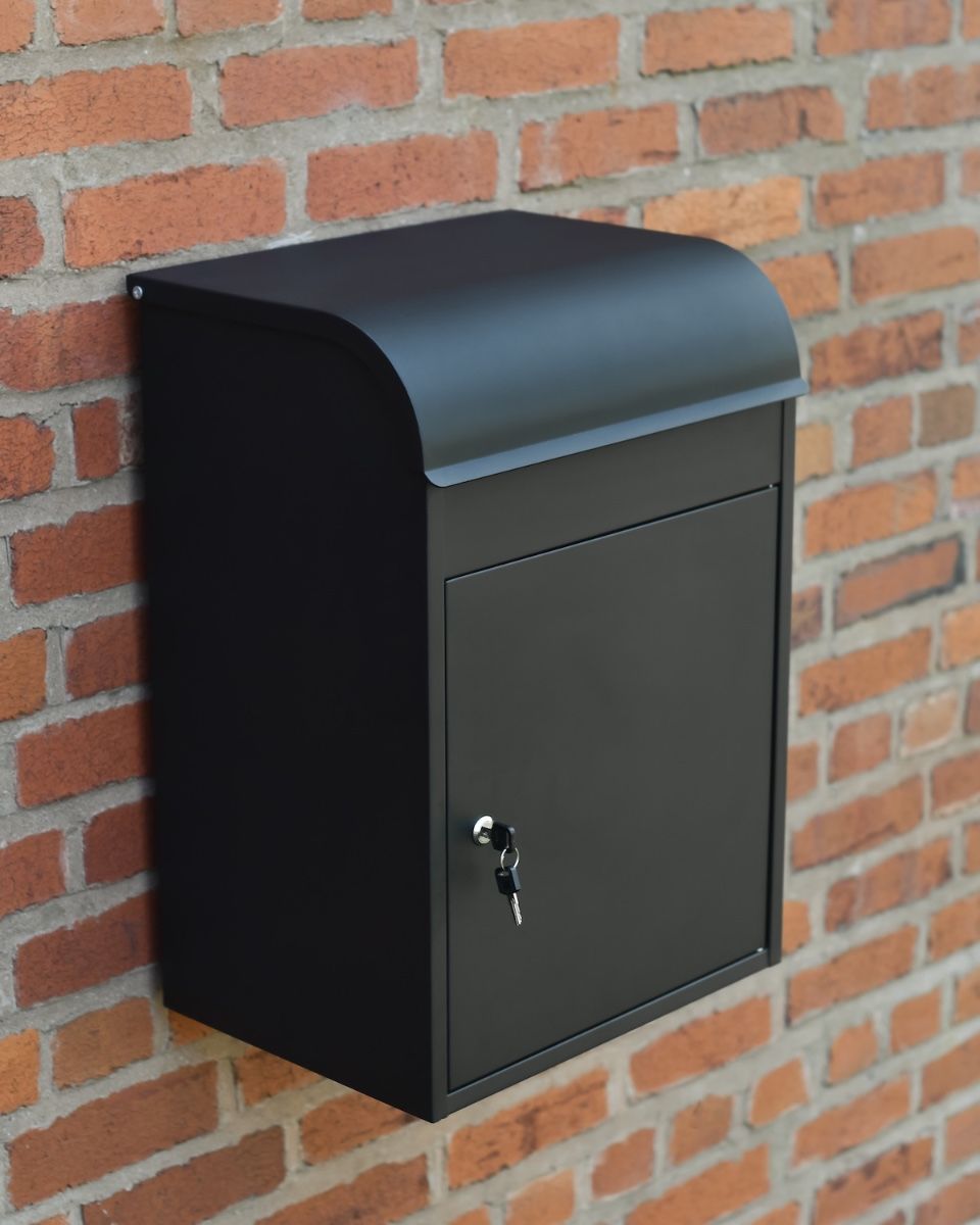 "Titan" Medium Wall Mounted Parcel Box Steel in Black Hingh angle view