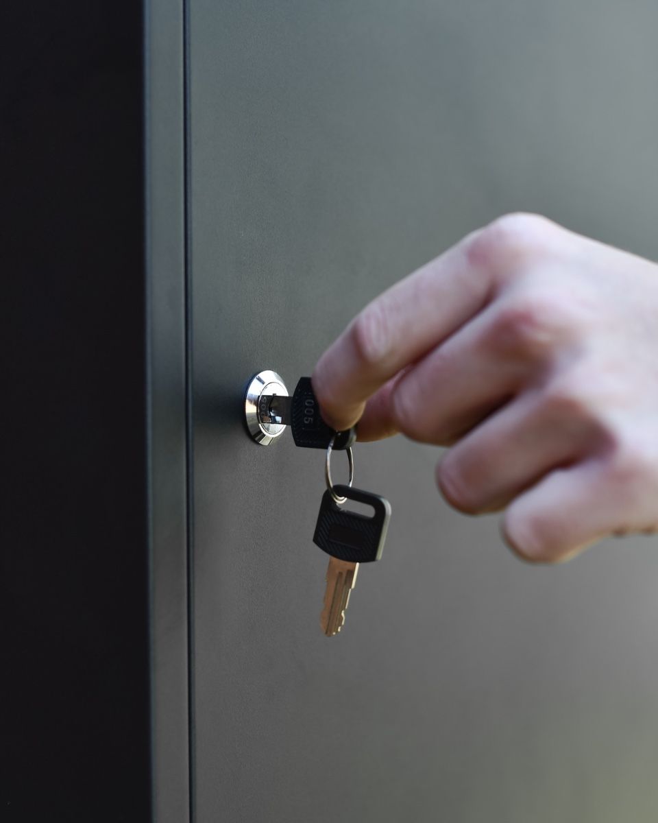 "Titan" Medium Wall Mounted Parcel box in Black Steel keylock close up