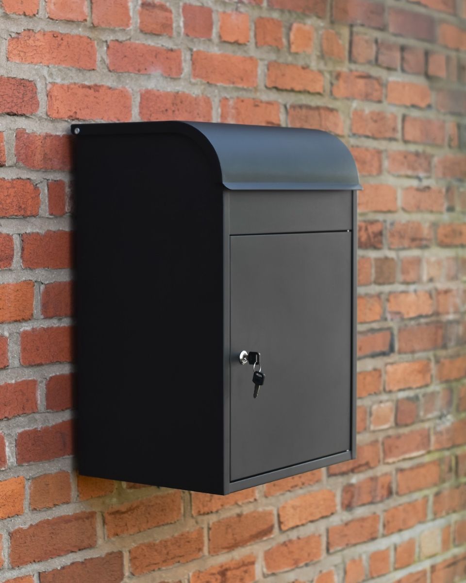 "Titan" Medium Wall Mounted Parcel box in Black Steel side view