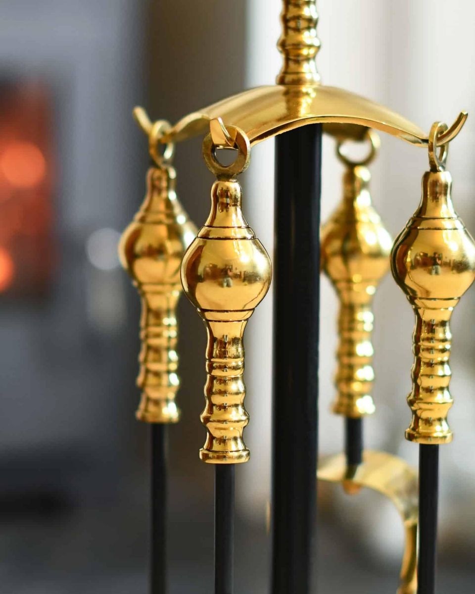 Close-Up of Tool Handles for "Trafalgar" Black Iron & Brass Companion Set 61cm Close-Up of Tool Handles for "Trafalgar" Black Iron & Brass Companion Set 61cm