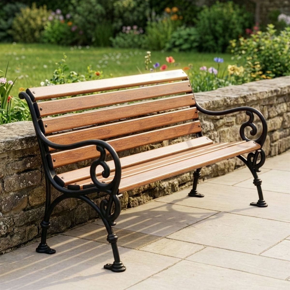 "Vine" Ornate Cast Iron Garden Brown Bench in Situ Digital illustration