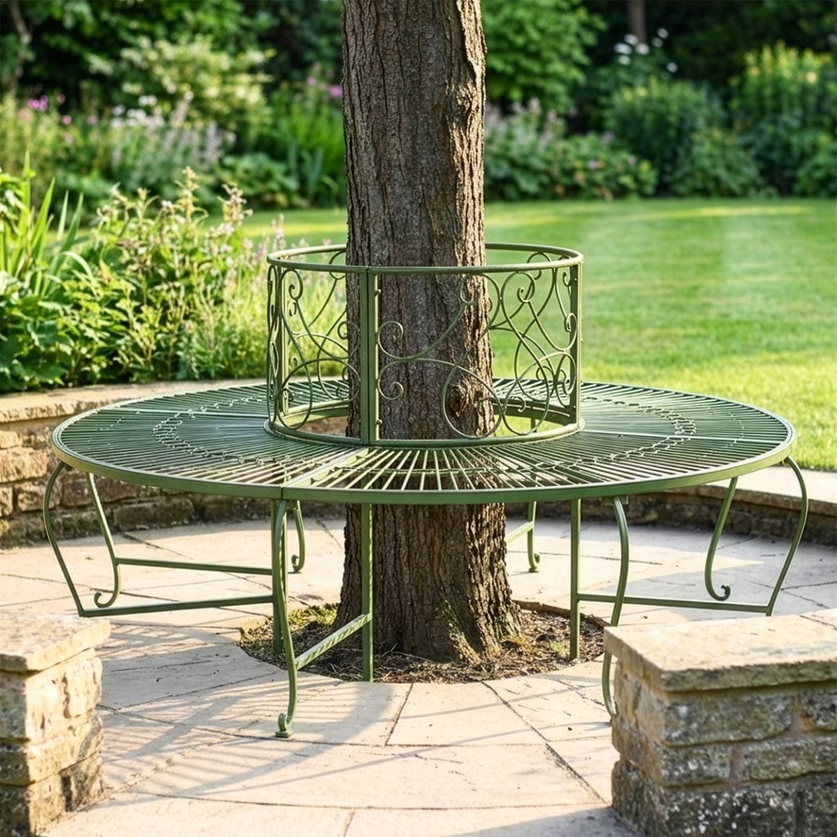 "Woodbury Orchard" Antique Green Scroll Effect Tree Seat digital llustration