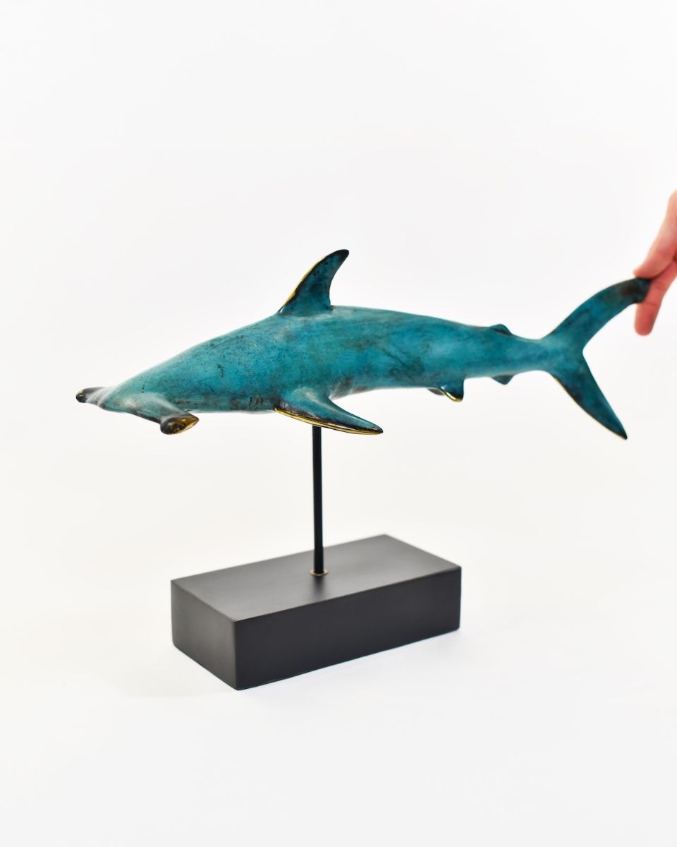 "Abyssal Anchor" Cast Brass Hammerhead Shark Sculpture with hand in shot for scale