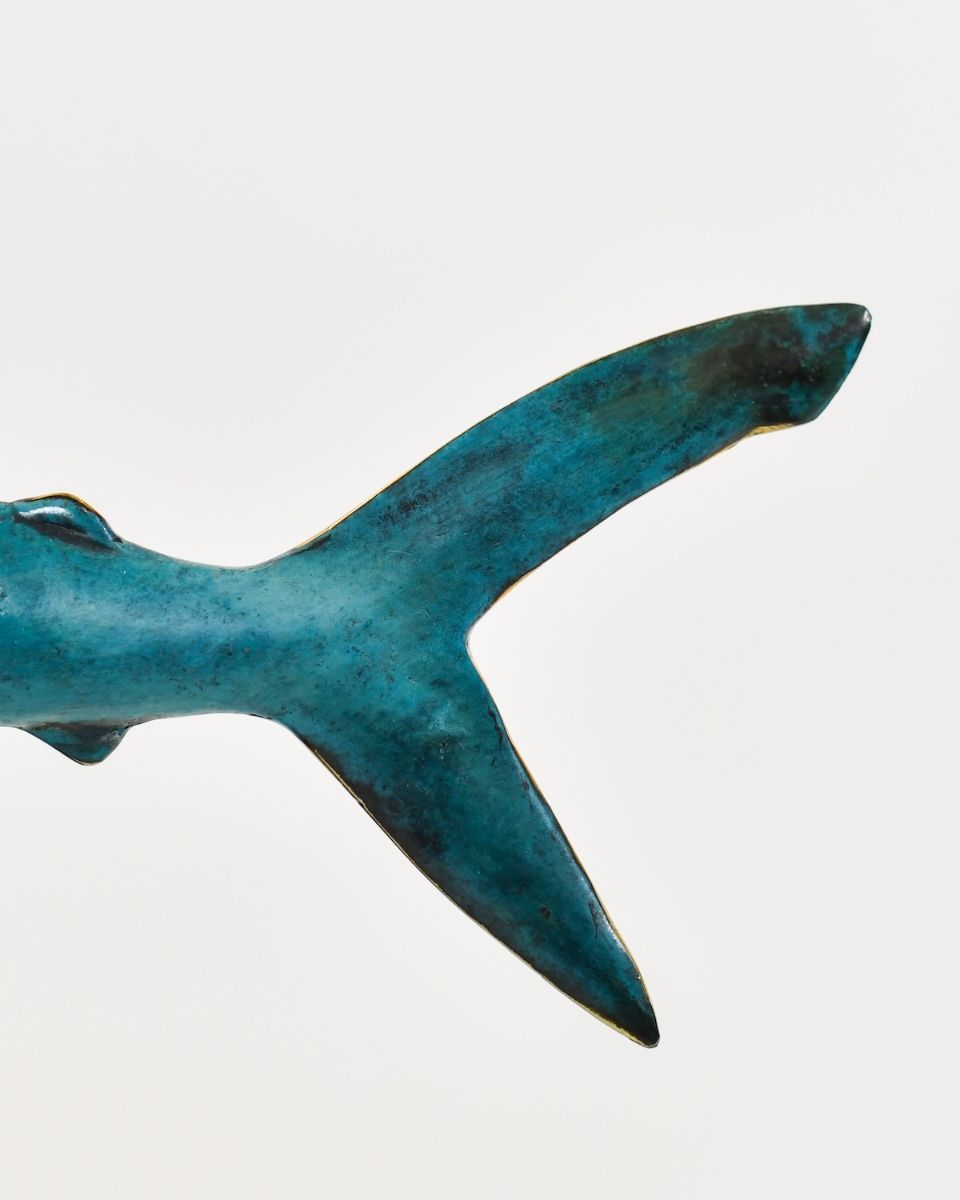 "Abyssal Anchor" Cast Brass Hammerhead Shark Sculpture close up of tail