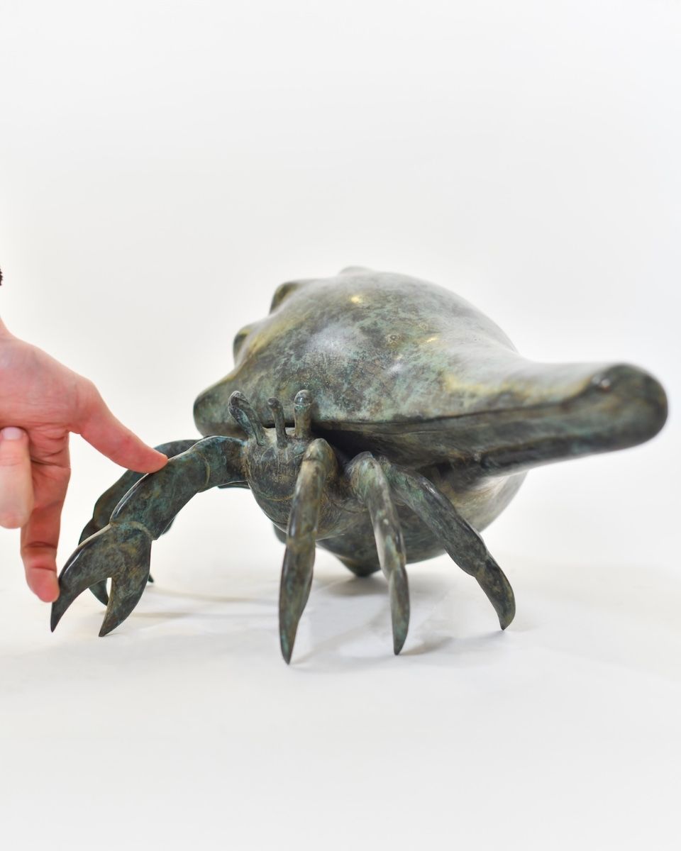 "Abyssal Anchorite" Cast Brass Hermit Crab Sculpture with hand in shot for scale