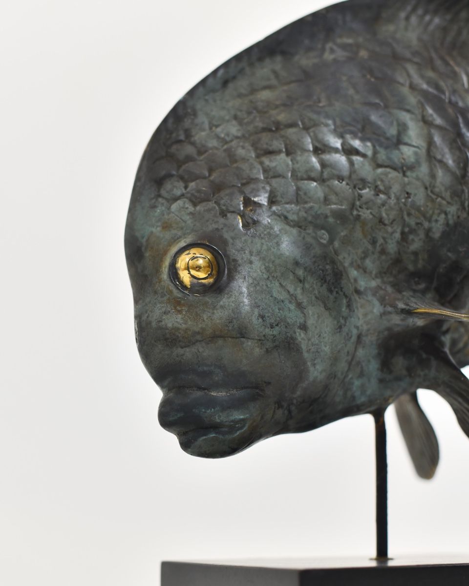 "Abyssal Angler" Cast Brass Fish Sculpture close up of head