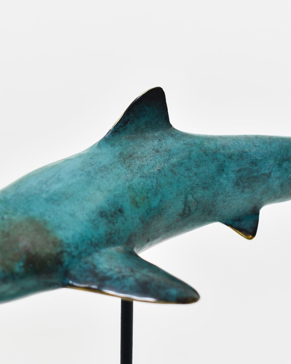 "Abyssal Apex" Cast Brass Shark Sculpture close up of fins