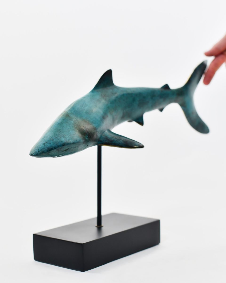 "Abyssal Apex" Cast Brass Shark Sculpture with hand in shot for scale