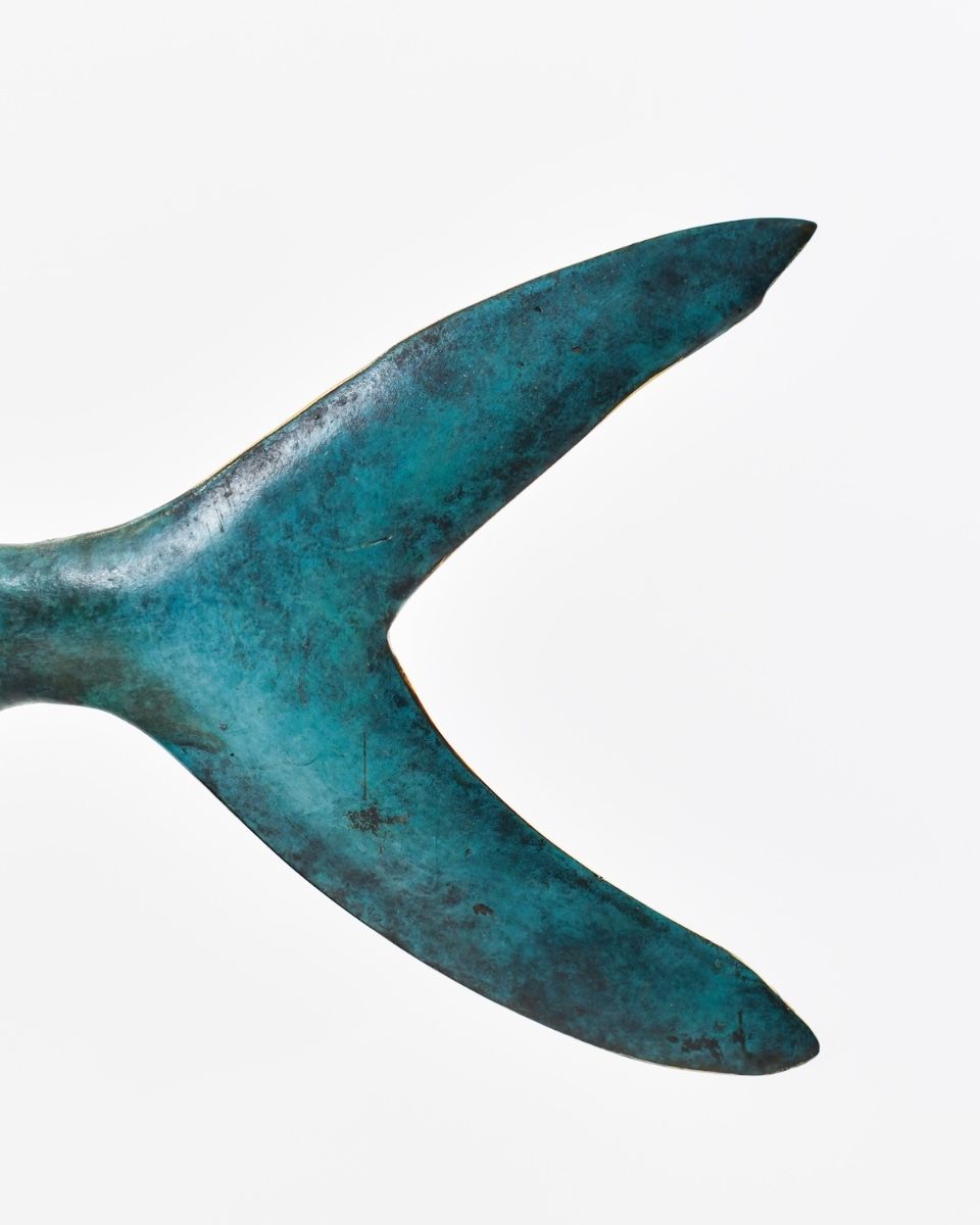 "Abyssal Apex" Cast Brass Shark Sculpture close up of tail