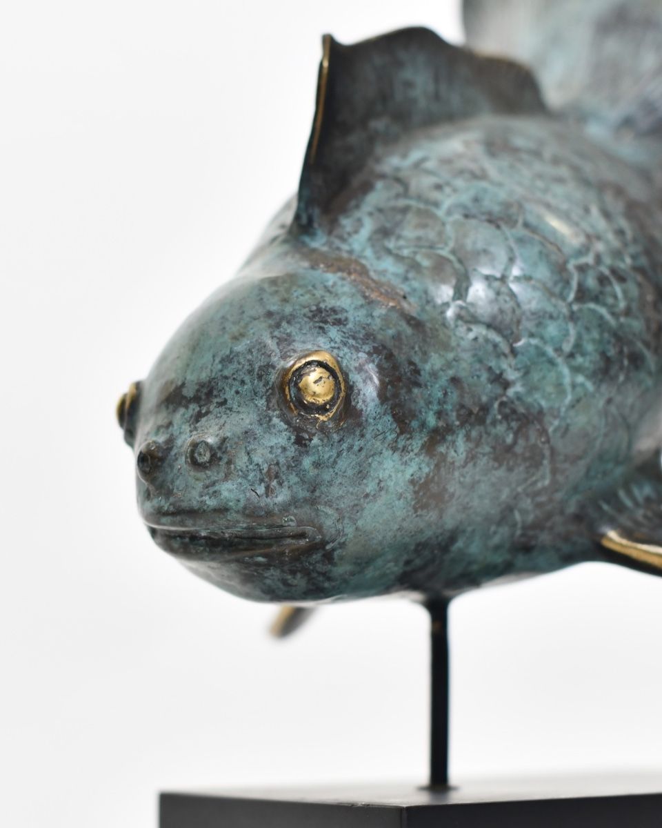 "Abyssal Aureate" Cast Brass Fantail Goldfish Sculpture close up of head