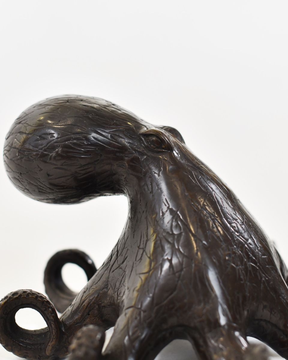 "Abyssal Sentinel" Octopus Sculpture in Cast Brass close up of head