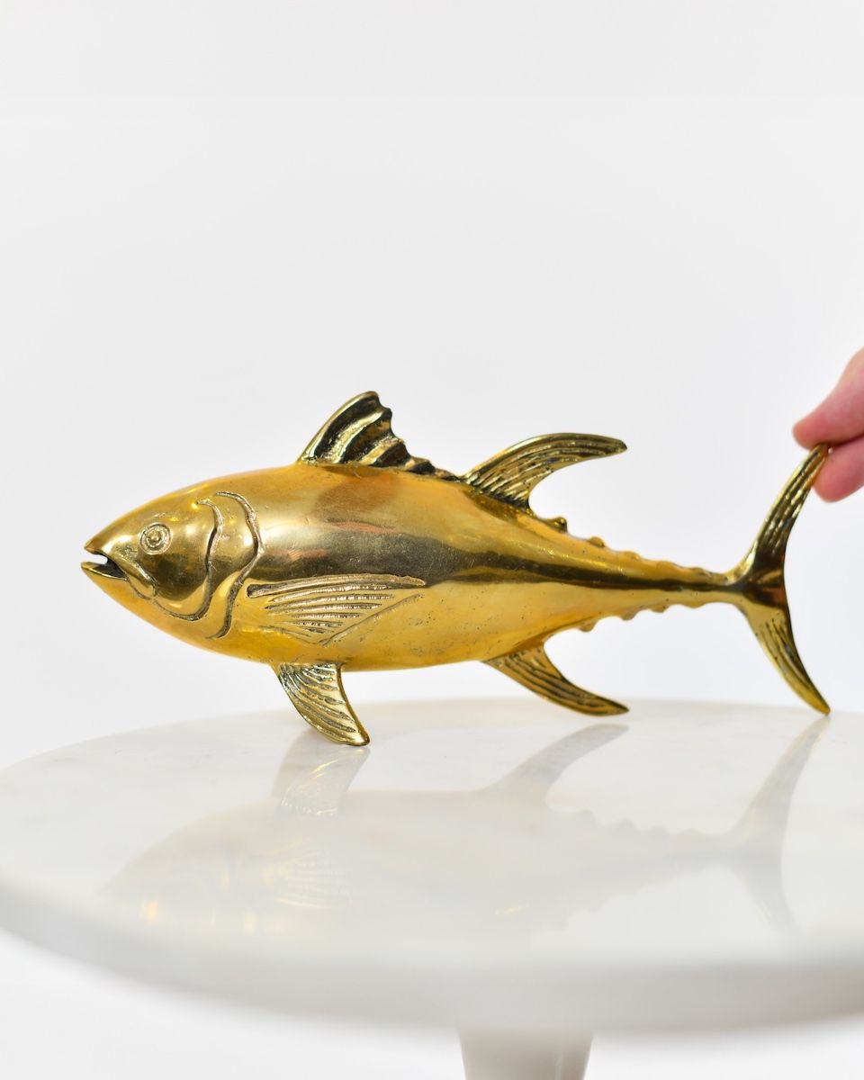 "Abyssal Titan" Tuna Sculpture in Cast Brass with hand in shot for scale