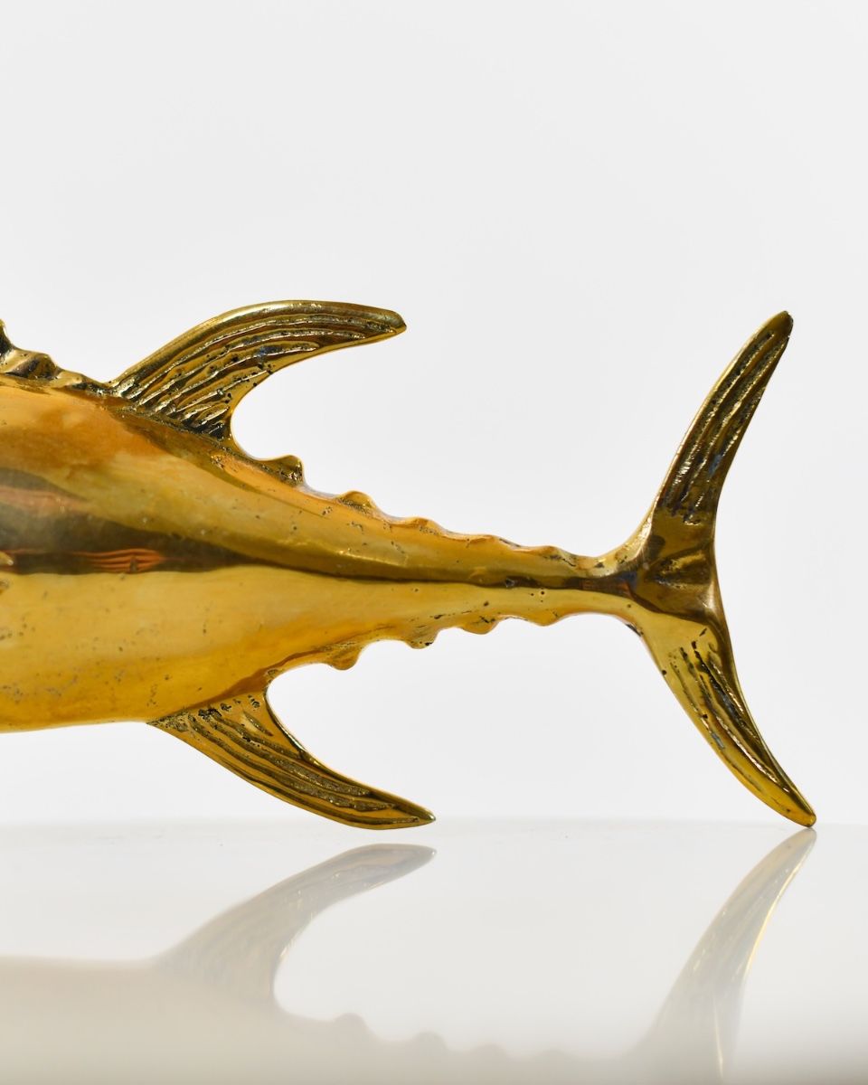 "Abyssal Titan" Tuna Sculpture in Cast Brass close up of tail