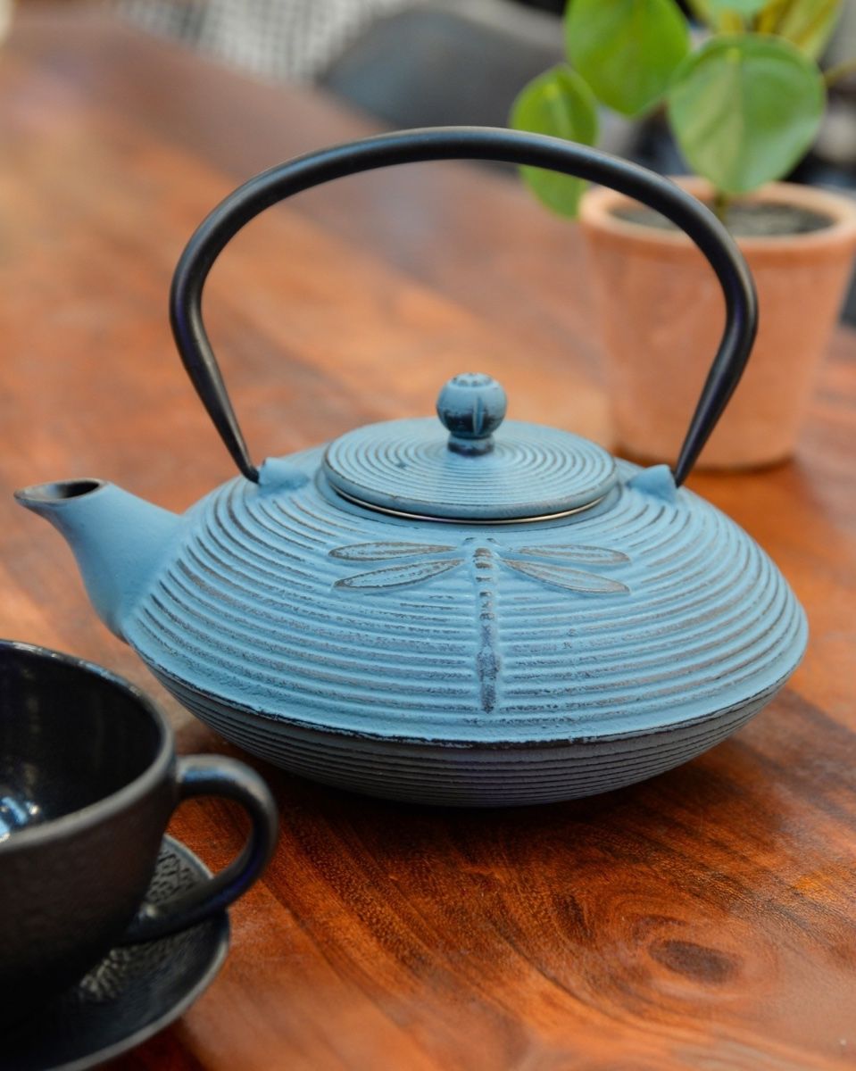 "Akitsu" Cast Iron Japanese Style Teapot in a Light Blue Finish