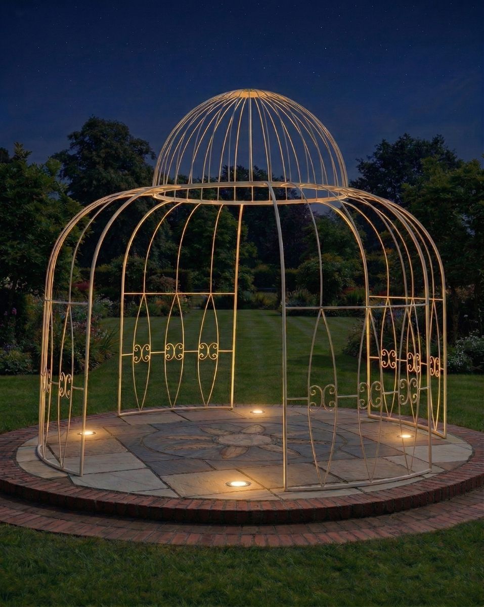 "Alice’s Folly" Cream Gazebo ai illustration at night