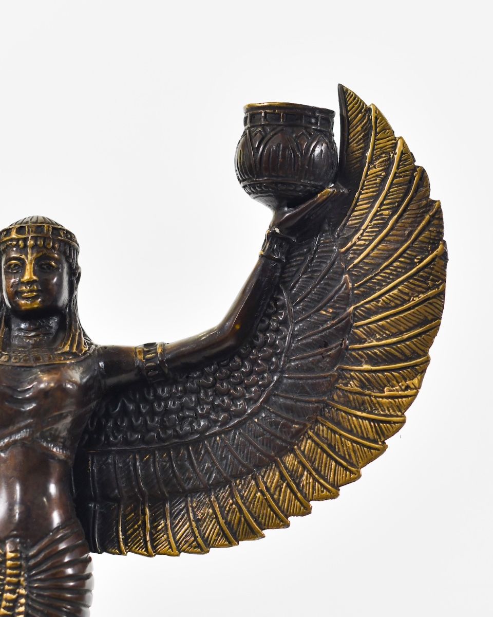 "Angelic Goddess" Cast Brass Candle Holder close up of wing