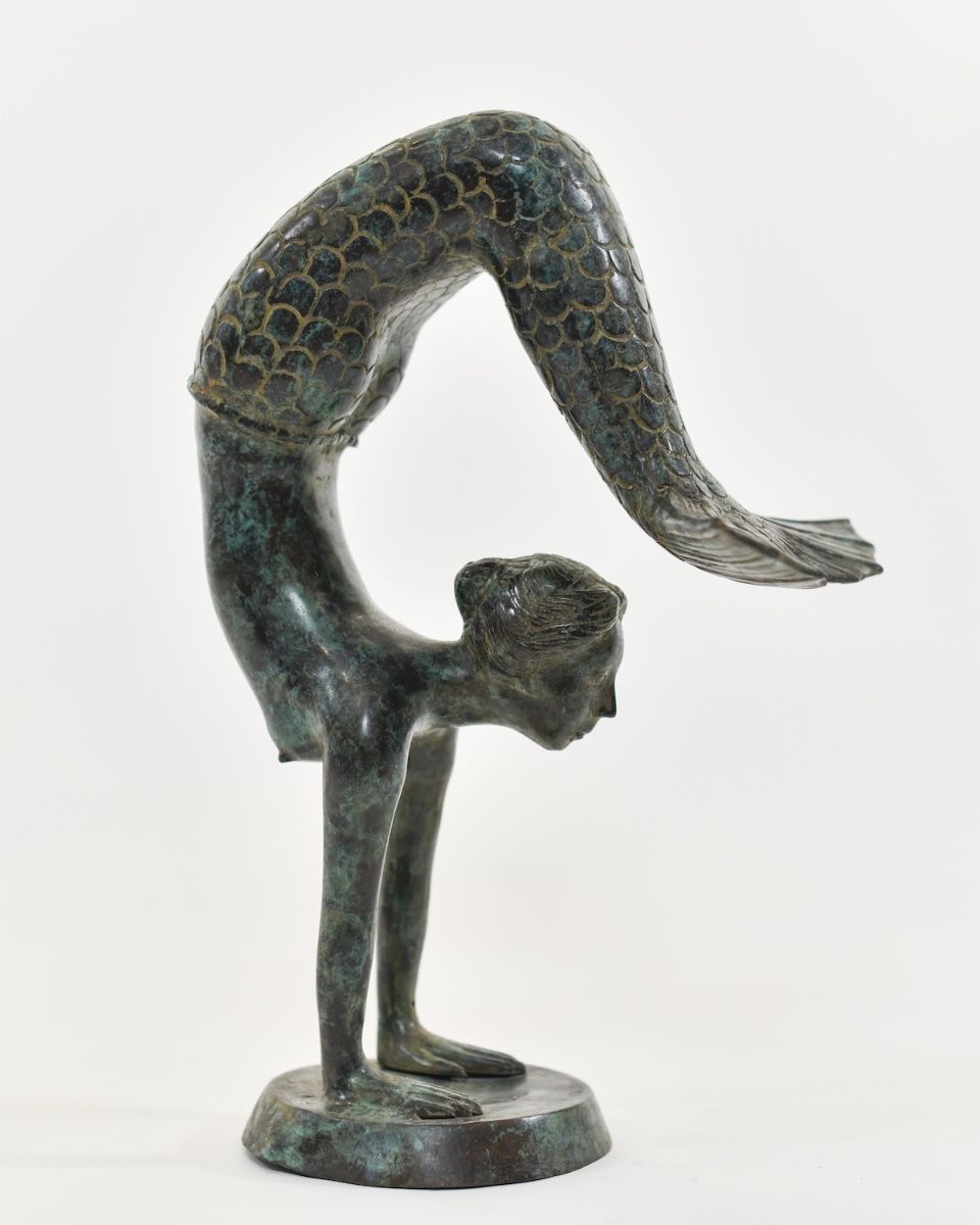 "Aquatic Acrobat" Cast Brass Mermaid Sculpture angled shot