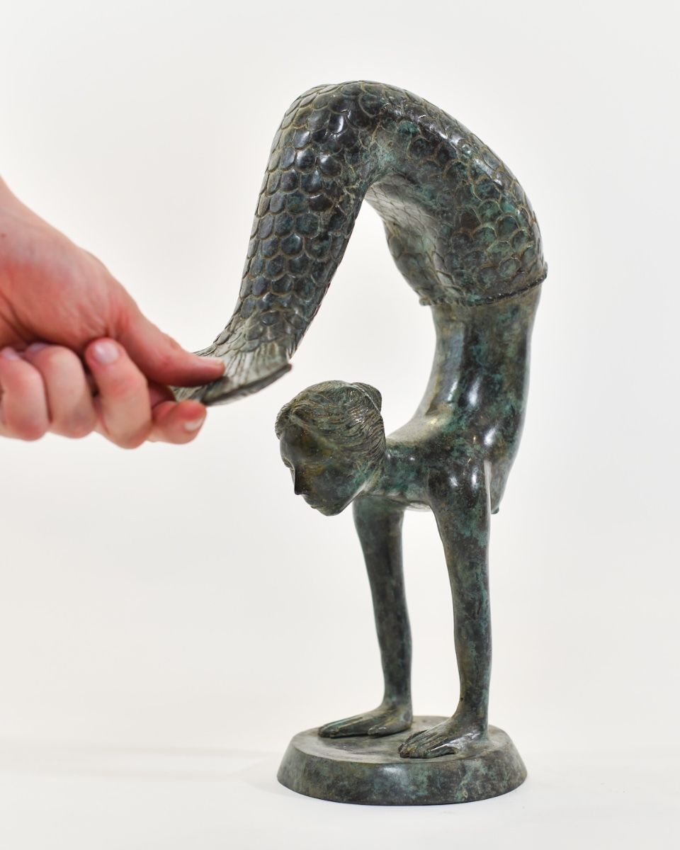 "Aquatic Acrobat" Cast Brass Mermaid Sculpture with hand in shot for scale