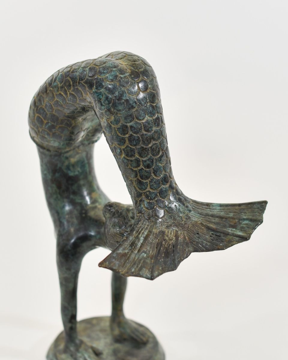 "Aquatic Acrobat" Cast Brass Mermaid Sculpture close up of tail