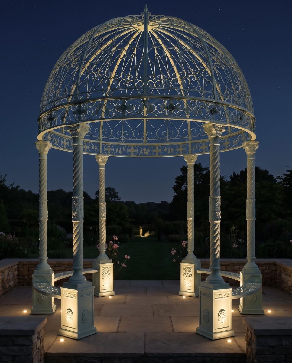 "Araminton Acropolis" Pale Green Gazebo DIgital Illustration At Night