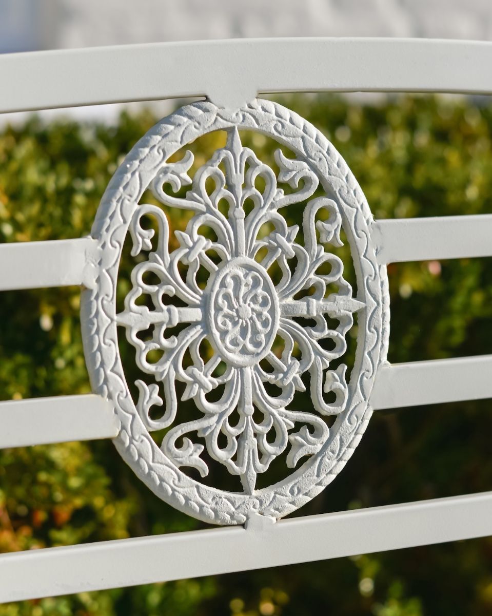 "Arcadia" Garden Rocking Bench Wrought Iron - Cream detailed view of backrest