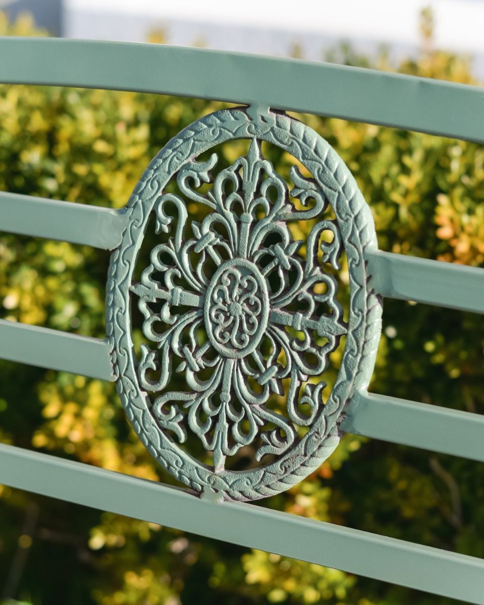 "Arcadia" Garden Rocking Bench Wrought Iron - Sage close up of detailing on backrest