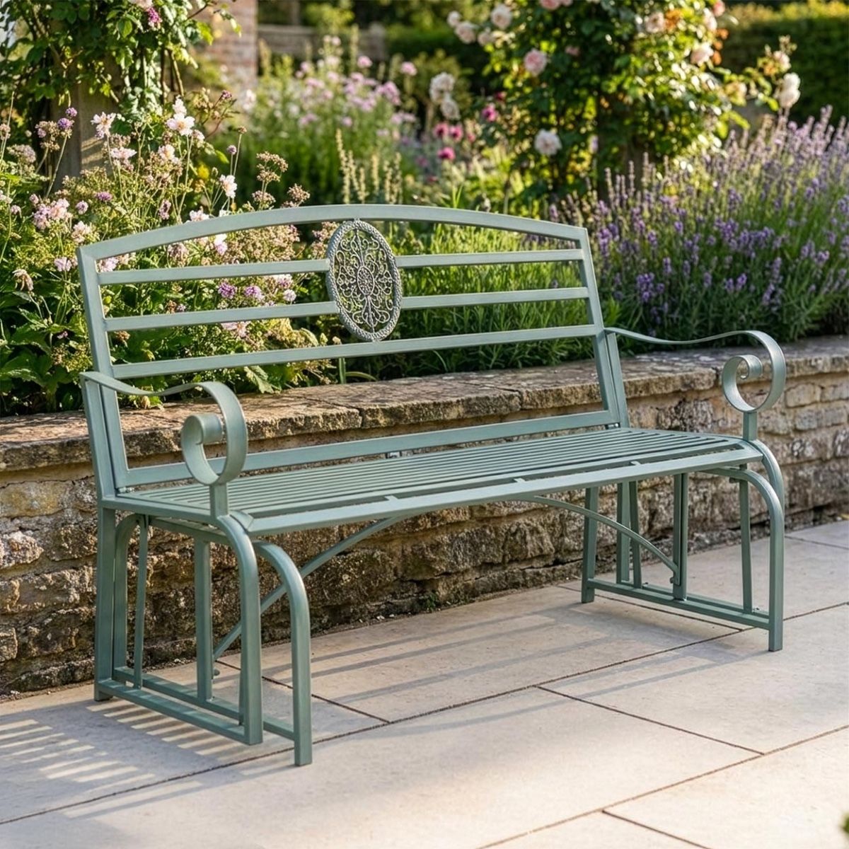 "Arcadia" Garden Rocking Bench Wrought Iron - Sage Digital Illustration