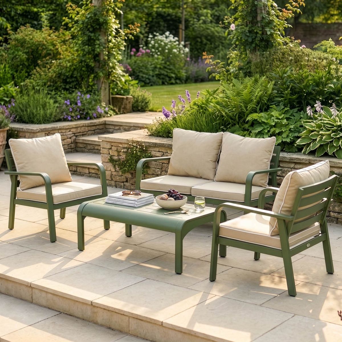 "Arco Verde" Sage Green Garden Lounge Furniture Set Digital Illustration Dressed Table