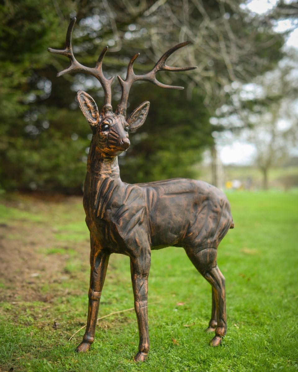 "Ash" the Cast Aluminium Observant Stag Garden Sculpture angled view of stag